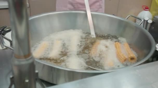 Preparing Fried Churros Street Food Vendor Prepares Churros Oily Large — Stock Video