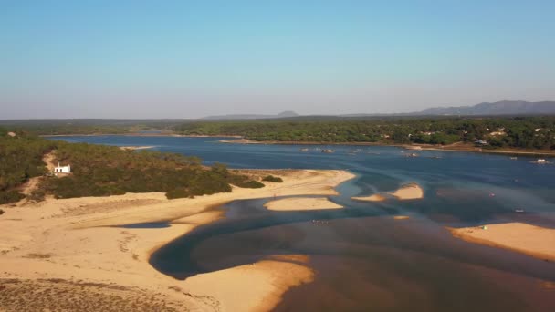 Luftaufnahme Der Lagoa Albufeira Natürlicher See Der Der Südportugiesischen Küste — Stockvideo