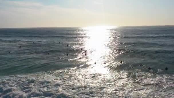 在日出的时候 鼓手看到一群冲浪选手在海里划桨 黑暗的轮廓描绘了船上的人在阳光下和滚滚的浪花中闪烁着白色的泡沫 阳光在水中反射 美丽质感的海浪 — 图库视频影像