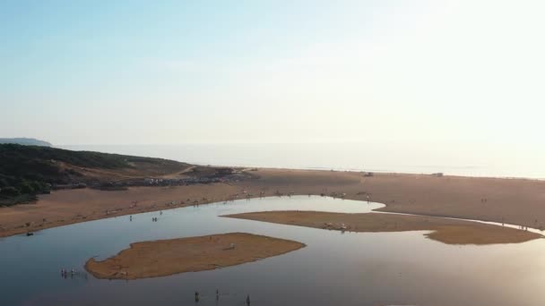 Lagoa Albufeira Vue Aérienne Lac Naturel Rencontrant Côte Portugaise Océan — Video