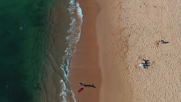 无人驾驶飞机在海上向滑行的冲浪者射击 滑板冲浪者在巨浪中玩得很开心 人们在海滨沙滩上享受暑假 — 图库视频影像