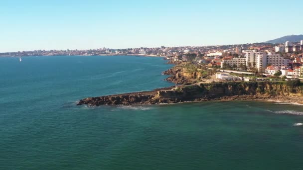 Aerial Drone Shot Turquoise Sea Waves Atlantic Ocean Overlooking Cityscape — Stock Video