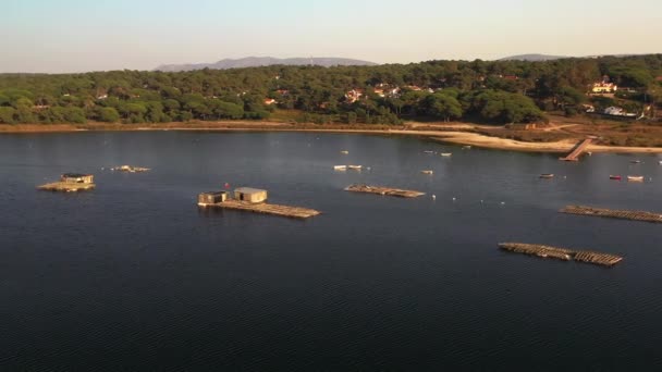 ポルトガル湖の大西洋漁船の近くの自然湖 アルブフェイラ空港の眺め — ストック動画