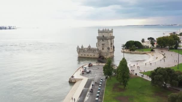 Вид Воздуха Белемскую Башню Памятник Крепости Лиссабоне Реке Тагус Крепость — стоковое видео