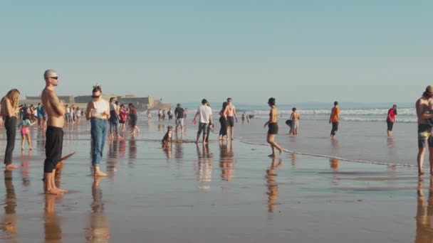 Carcavelos Portogallo Febbraio 2024 Persone Piedi Sulla Spiaggia Carcavelos Nell — Video Stock