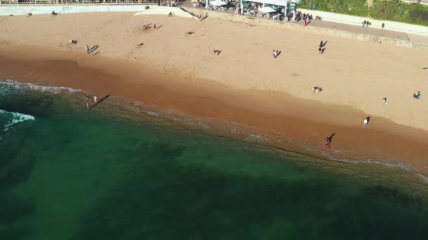 无人驾驶飞机在海上向滑行的冲浪者射击 滑板冲浪者在巨浪中玩得很开心 人们在海滨沙滩上享受暑假 — 图库视频影像