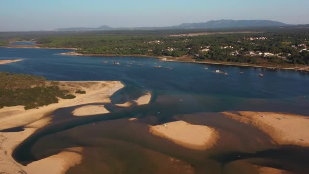 Lagoa Albufeira Havacılık Manzarası Güney Portekiz Atlantik Okyanusu Yla Karşılaşan — Stok video
