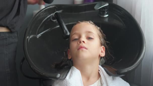 Haut Fille Ayant Ses Cheveux Lavés Avec Shampooing Par Coiffeur Séquence Vidéo Libre De Droits