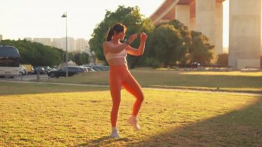 Güneşli bir günde şehir parkında bacak kaldırma egzersizi yapan sportif bir kadın. Spor kıyafetleri içinde, çimenlikte arka planda köprüyle egzersiz yapan kararlı genç bir kadın vücudu.. 