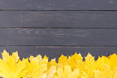 Sonbahar yaprakları çerçevesi bir aşağı ahşap arkaplan üst görünümü Sonbahar Sınırı sarı ve Turuncu Yapraklar antika ahşap masa kopyalama alanı. Tasarımın için hazırlan. Ürün veya metin için göster