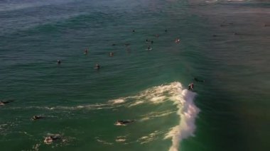 Deniz manzarasında yüzen anonim insanların insansız hava aracı görüntüsünden. Turistler güneşli bir günde engin okyanusta eğleniyorlar.. 