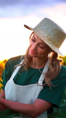 Hasır şapkalı, yeşil gömlekli ve önlüklü kadın gün batımında tarla tarlasında ayçiçeğine dokunuyor ve altın saat boyunca çiçek açan ayçiçeklerinin arasında kameraya gülümsüyor.