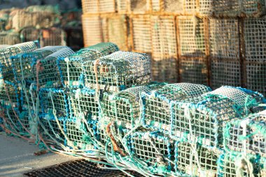 Kıyı şeridinde bulunan geleneksel ıstakoz tuzakları. Balıkçılık ve deniz ürünleri koleksiyonu için kullanılır.
