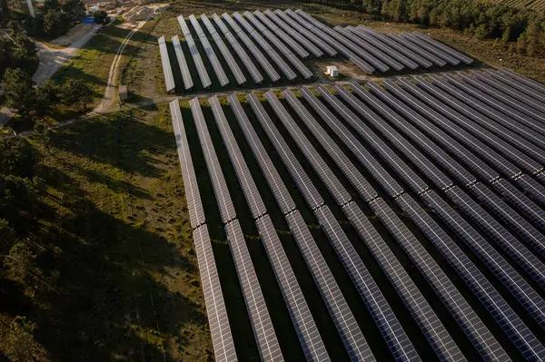 Yeşil enerjiyi doğayla harmanlayan, elektrik enerjisini sağlayan, yenilikleri ve ekolojik dengeyi sembolize eden alanlardaki güneş panellerinin hava aracı görüntüsü