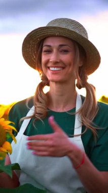 Çiftçi canlı bir ayçiçeği tarlasında duruyor, hasır şapka ve önlük takıyor, güneş batarken gülümsüyor, çevresindeki doğal güzelliği arttıran sıcak, altın bir atmosfer yaratıyor..