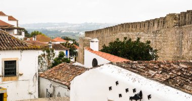 Eski bir kasabanın eski kiremitli çatılarına bakın..
