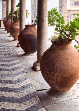 Eski bir binanın kenarındaki geniş saksılar ve sütunlar seçici bir odak noktası..