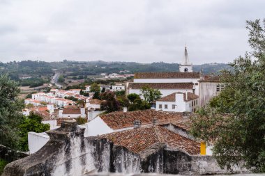 Eski bir kasabanın eski kiremitli çatılarına bakın..