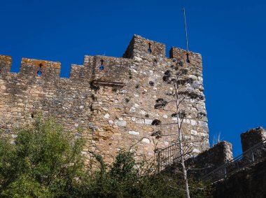 Antik bir kalenin duvarlarının manzarası ve çeşitli çalıların ve ağaçların önü..