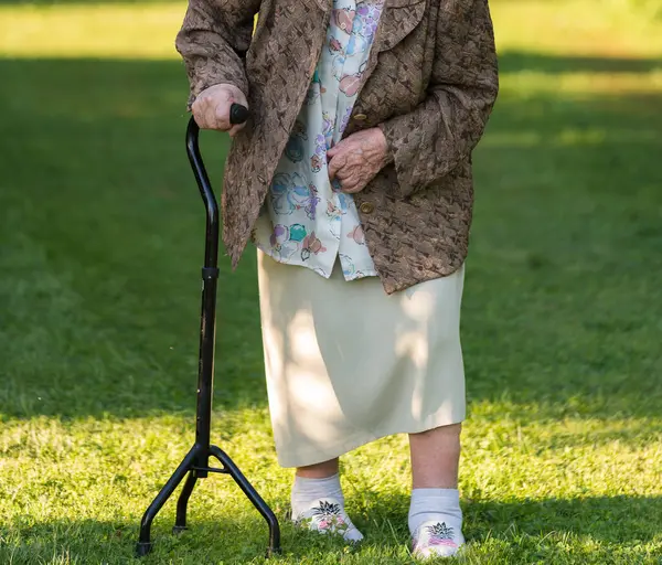 Bastonlu yaşlı bir kadın yeşil çimlerin üzerinde yürüyor kırsalda, bahçede; vücudun görünür bir parçası.