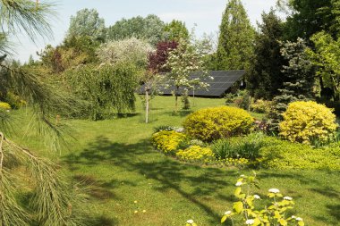Baharda yeşil süs bahçesi, farklı renklerde ağaçlar, bitkiler ve çiçek yatakları, yeşil çimenler..