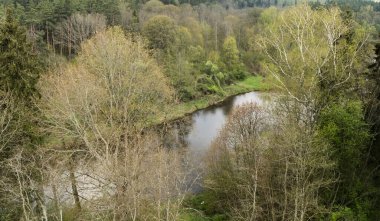 Ventoji Nehri baharda, Litvanya 'da. Nehrin kıvrımlarında 21 metre yükseklikten manzara ve her iki tarafta da büyüyen ormanlar..