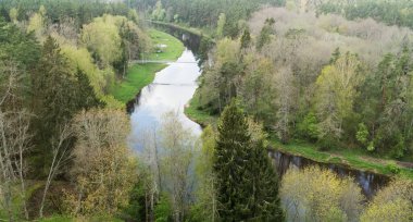 Ventoji Nehri baharda, Litvanya 'da. Nehrin kıvrımlarında 21 metre yükseklikten manzara ve her iki tarafta da büyüyen ormanlar..