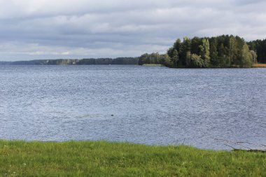 Bulutlu bir günde göl sularının manzarası. Uzakta ormanlar görülebilen bir kıyısı var..