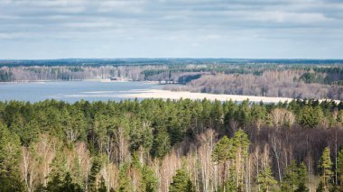 Letonya doğası, kozalaklı ve yaprak döken ormanlarla kaplıdır. Uzaktan görülebilen bir göl. Yukarıdan bak. Gökyüzü bulutlu, bulutlu.