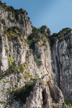 Capri, İtalya 04.29.2025: Capri adasının beyaz kayalıkları, kısmen ağaçlar ve çalılarla kaplıdır. Deniz manzarası.