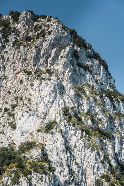 Capri, İtalya 04.29.2025: Capri adasının beyaz kayalıkları, kısmen ağaçlar ve çalılarla kaplıdır. Deniz manzarası.