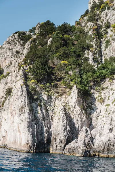Capri, İtalya 04.29.2025: Capri adasının beyaz kayalıkları, kısmen ağaçlar ve çalılarla kaplıdır. Deniz manzarası.