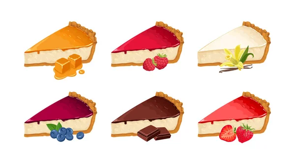 芝士蛋糕准备好了不同口味的芝士蛋糕片 经典的甜点草莓 覆盆子 巧克力 焦糖和蓝莓 甜食的矢量卡通画 — 图库矢量图片