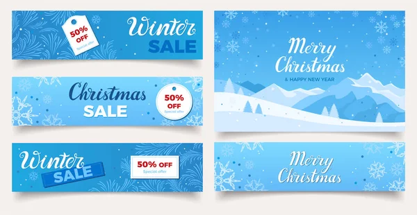 Conjunto Cartões Natal Banners Venda Inverno Fundo Festivo Azul Com — Vetor de Stock