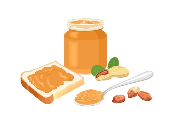 花生酱套装 烤面包与蔓延 花生酱在玻璃罐 勺子和坚果隔离的白色背景 矢量卡通画 — 图库矢量图片