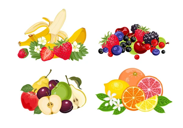 Früchte Beeren Und Zitrusfrüchte Gesetzt Stapelweise Frische Lebensmittel Vektorgrafik — Stockvektor