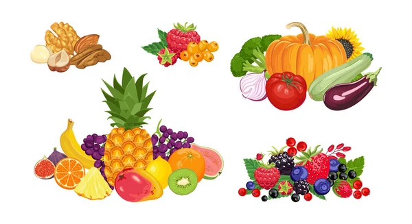 Conjunto Montes Produtos Orgânicos Frescos Frutas Legumes Nozes Bagas Ilustração —  Vetores de Stock