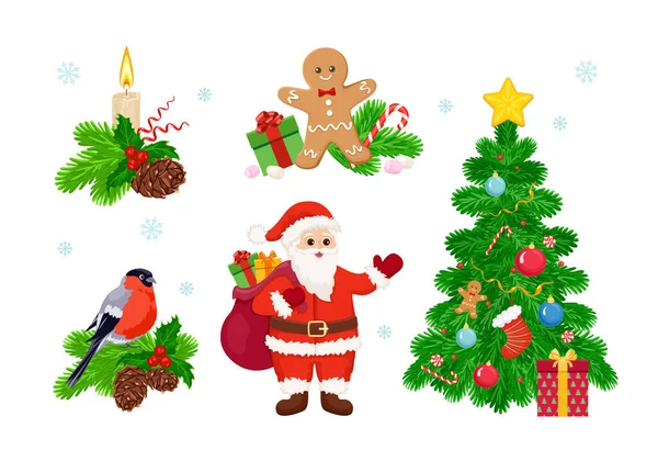 Набор Рождественских Карикатурных Иллюстраций Праздничный Декор Рождественская Елка Санта Клаус — стоковый вектор