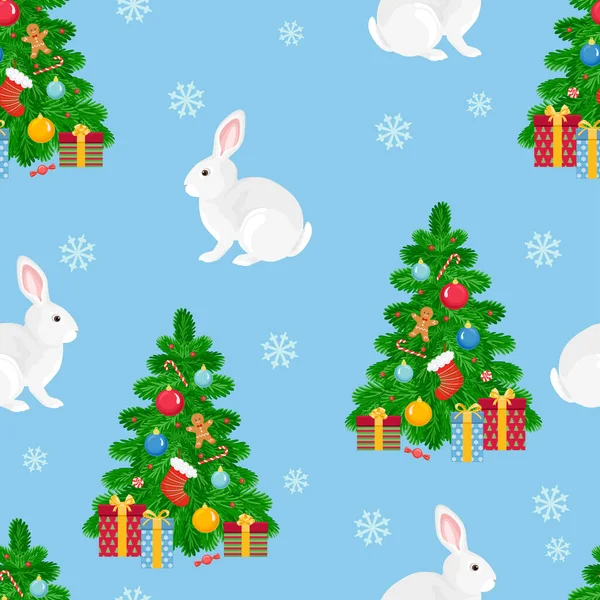 冬天的背景是野兔 雪花和蓝色圣诞树 节日无缝图案 矢量卡通画 — 图库矢量图片