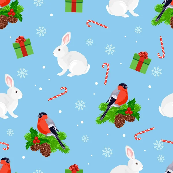 Bunny Bullfinches Pássaro Sem Costura Padrão Natal Fundo Inverno Desenhos — Vetor de Stock