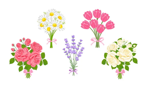 Bloemen Boeketten Set Roze Witte Rozen Madeliefjes Lavendel Tulpen Verzameling — Stockvector