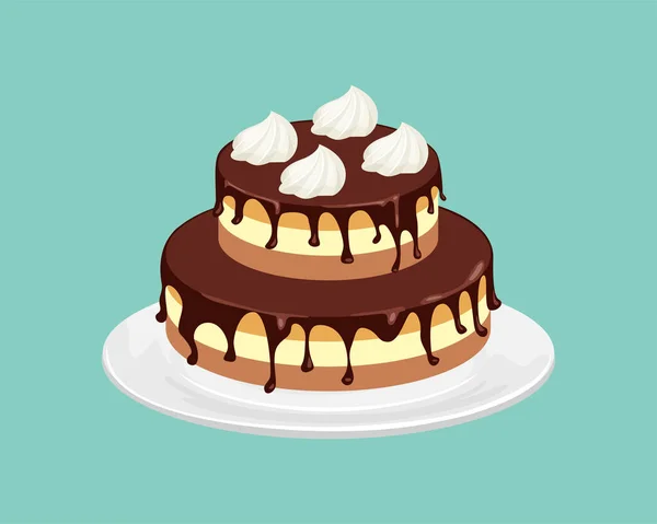 Шоколадный Торт Белой Тарелке Векторная Карикатура Сладкий Десерт — стоковый вектор