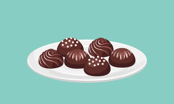Schokoladenbonbons Auf Einem Weißen Teller Vektorillustration Von Süßigkeiten Cartoon Flach — Stockvektor