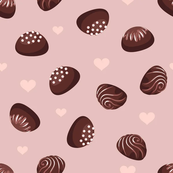 巧克力糖果和心脏无缝图案 有甜食的向量背景 卡通画 — 图库矢量图片