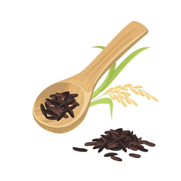 Tmavá Divoká Rýže Dřevěné Lžíci Ucho Izolované Bílém Pozadí Vektorové — Stockový vektor