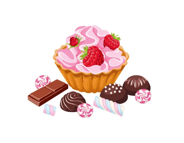 Cupcake Con Crema Batida Frambuesas Dulces Chocolate Malvaviscos Dibujos Animados — Archivo Imágenes Vectoriales