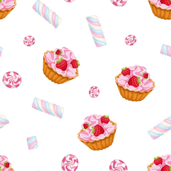 甜食的背景 无缝隙图案与粉红色覆盆子蛋糕 糖果和棉花糖白色背景 矢量卡通画 — 图库矢量图片