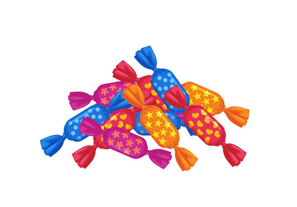 Heap of candy in bright colored wrappers. Vector cartoon illustration of sweets. Food icon.