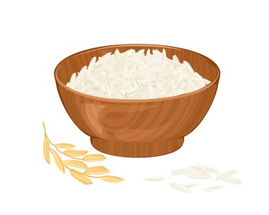 Heap of Long Basmati Rice in wooden bowl isolated on white background. Vector cartoon illustration. Healthy organic food. 