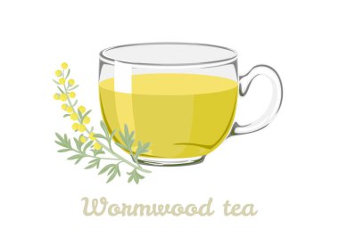 Wormwood herbal tea and sagebrush branch isolated on white background. Healing drink in glass cup. Vector illustration in cartoon style. clipart